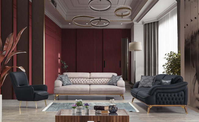 Luxus Dreisitzer Sofa 3 Sitz Möbel Sofas Schwarz Couch Stoff Couchen