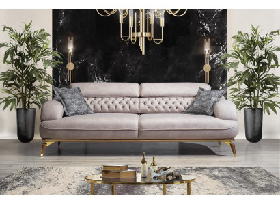 Luxus Dreisitzer Sofa 3 Sitzer Stoff Sofas Holz Design Grau Chesterfield