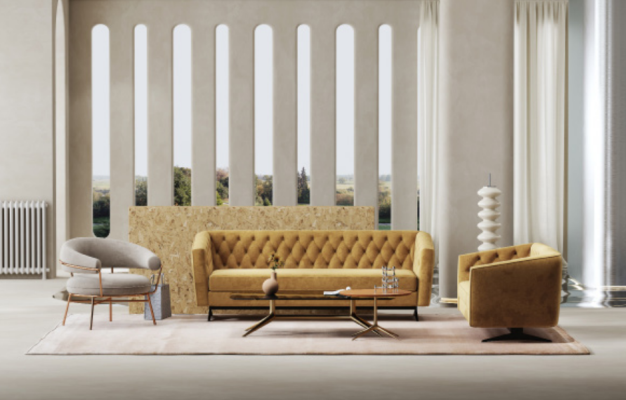 Gelbe Wohnzimmer Sofagarnitur Exklusive 3+2 Chesterfield Polstersofas Sitzmöbel 