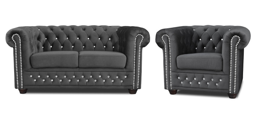 Chesterfield Textil Couch Polster 2Sitzer Stoff Sofas Couchen Zweisitzer Schwarz