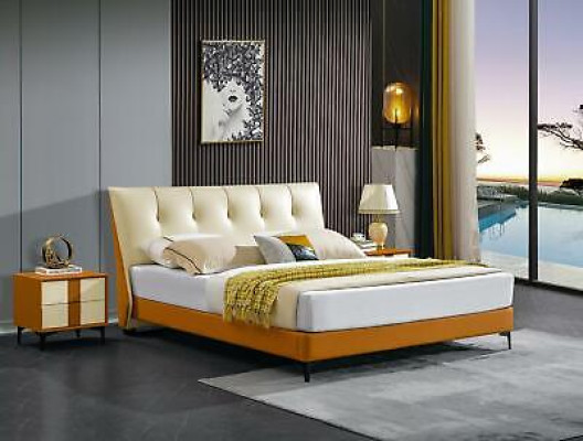 Luxus Lederbett Bett Doppel Ehe Polster Hotel Komplettes Set Nachttische