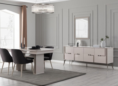 Altweiße Esszimmer Garnitur Großer Esstisch 4x Textil Stühle Sideboard