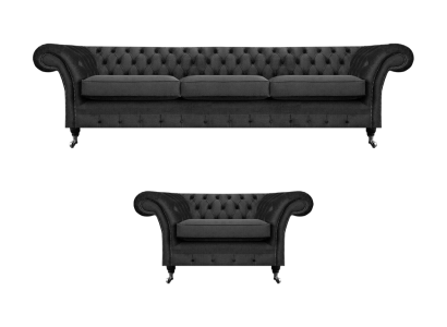 Wohnzimmer Polstermöbel Schwarz Dreisitze Sofa 3+1 Sessel Chesterfield