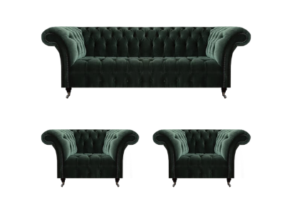 Wohnzimmer Luxus Komplett Schwarz Sofa Dreisitzer Textil 2x Sessel Chesterfield