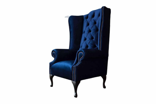 Ohrensessel Chesterfield Sofa Couch Polster 1 Sitzer Sessel Textil Blau