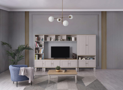 Wohnwand Wohnzimmerwand TV Ständer Holz RTV Lowboard Grau Regale Set