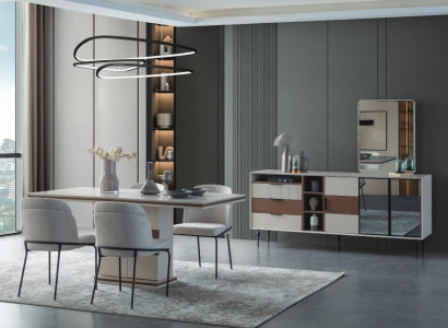 Weiße Essgruppe Rechteckiger Esstisch 4x Stühle Sideboard Luxus Spiegel