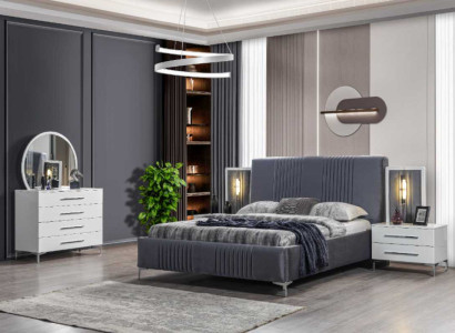 Stilvolle Schlafzimmer Garnitur Graues Doppelbett Holz Nachttische 5tlg