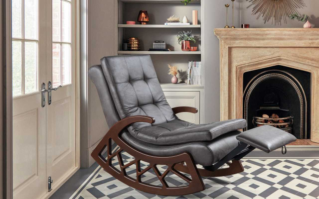 Exklusiver Grauer Schaukelstuhl Wohnzimmer Relax Möbel Holzgestell Neu