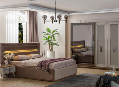  Beige Schlafzimmer Garnitur Modernes Doppelbett Glas Kleiderschrank 4tlg