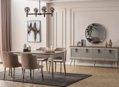  Beige Esszimmer Garnitur Rechteckiger Holz Tisch 6x Polsterstühle 7tlg