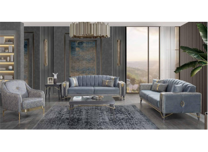 Luxuriöse Graue Chesterfield Polster Sofagarnitur Wohnzimmer 3-Sitzer Textil Sessel