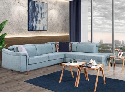  Blaues Ecksofa L-Form Wohnzimmer Polster Couchen Designer Holzgestell