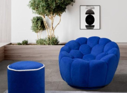  Blauer Sessel Designer Wohnzimmer Set 2tlg Exklusiver Polster Hocker