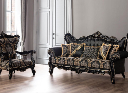 2tlg.Sofagarnitur für das Wohnzimmer 3+1 Sitzeschwarzes Sofa und Sessel Goldmuster