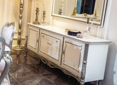 Sideboard Weiß Silber Anrichte Konsolen Kommode Italienischer Stil 2tlg. Spiegel