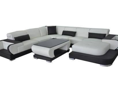 Couch Ecksofa mit USB Leder Wohnlandschaft Garnitur Design Modern Sofa +Tisch