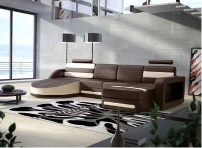 WOHNLANDSCHAFT COUCH GARNITUR DESIGN ECKCOUCH Braun-Beige LEDERSOFA XXL ECKSOFA