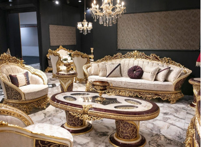 Weiß-Goldene Sofagarnitur Chesterfield 3+1 Sitzer Couchtisch Set 3tlg Sofa