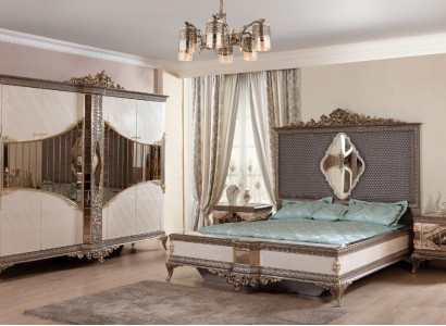 Weiß-Goldene Schlafzimmer Garnitur Doppelbett 2x Nachttische Schrank Set Bett