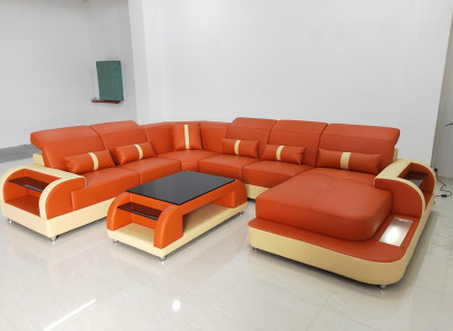 Wohnlandschaft u Form Ledersofa Polster Ecksofa Sofa Couch Leder Textil usb neu