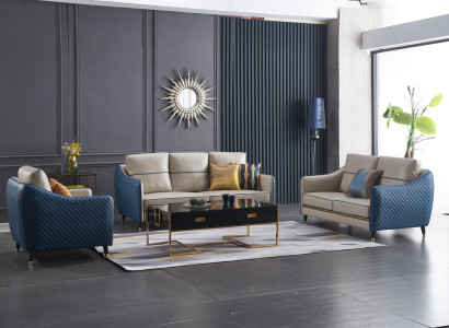 Blau-Beige Sofagarnitur 3+2 Ledersitzer Set Design Polstercouchen Deko Möbel
