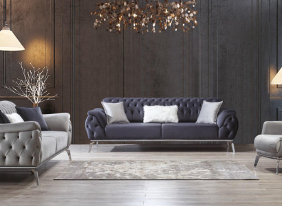 Sofagarnitur 3+3+1 Sitzer Blau Sessel Luxus Chesterfield Einrichtung