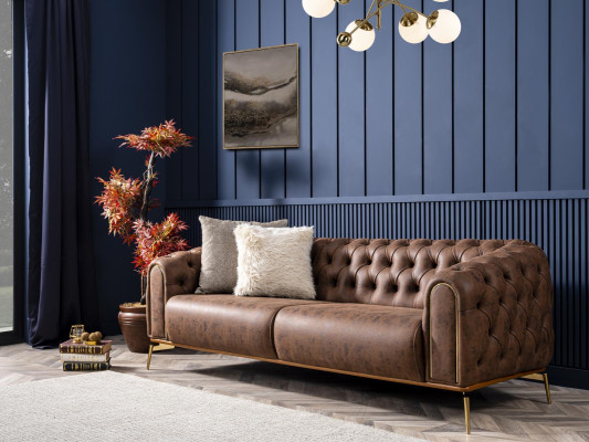 Chesterfield Viersitzer Sofa 4 Sitzer Sitz Polyester Braun Kunstleder