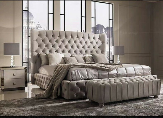 Echtes Chesterfield Bett Doppel Hotel Betten Textil Polster 160x200cm Stoff Neu