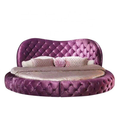 Runde Chesterfield Design Bett Schlafzimmer Textil Leder Polster Lila Rund Luxus