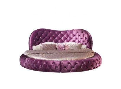 Runde Chesterfield Design Bett Schlafzimmer Textil Leder Polster Lila Rund Luxus