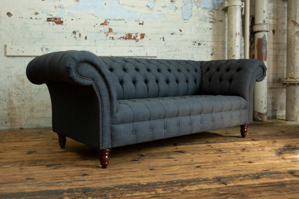 Graues Textil Sofa Grauer Chesterfield Dreisitzer Luxus Wohnzimmer Couch