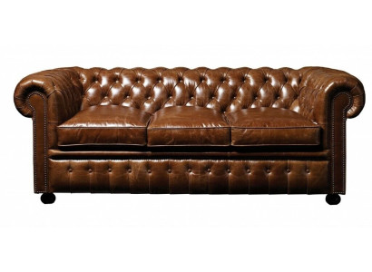 Brauner Leder Chesterfield Dreisitzer Luxus 3-er Wohnzimmer Couch