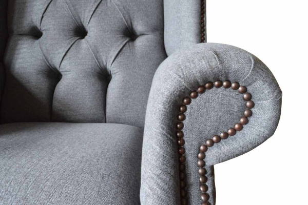 Ohrensessel Chesterfield Sofa Couch Polster 1 Sitzer Grau Sessel Textil