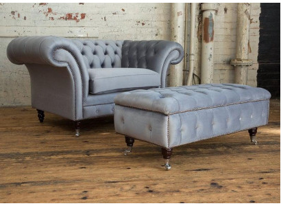 Chesterfield Hocker Fuß Sessel Polster Ottoman Beistell Relax Textil Leder Neu