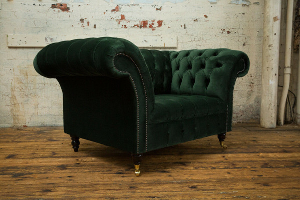 Chesterfield Design Stoff Couch Sessel 1.5 Sitzer Polster Sofas Lounge Grün Samt