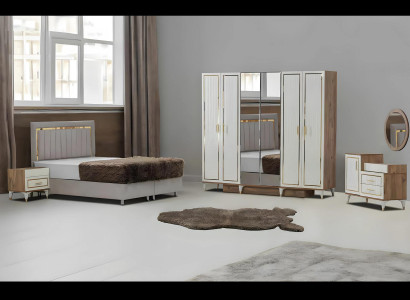 Weiß-Goldene Schlafzimmer Garnitur Schlafbett Kleiderschrank Kommode