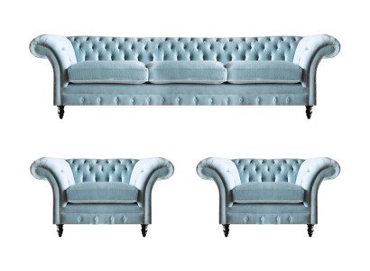Chesterfield Polster Sitzmöbel Blaue Sofagarnitur 3-Sitzer 2x Sessel