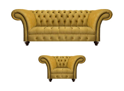 Luxuriöse Chesterfield Gelbe Couch Textil Sessel Moderner 3-Sitzer 2tlg