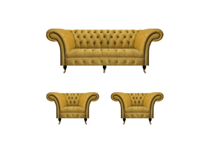 Chesterfield Gelbe Sitzgarnitur Designer Dreisitzer Edle Lehnsessel 3tlg