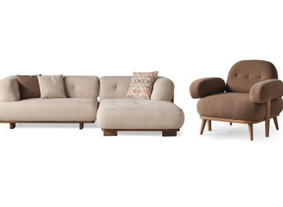Schicke Beige-Braune Sofagarnitur Stilvolles Ecksofa Textilsessel 2tlg