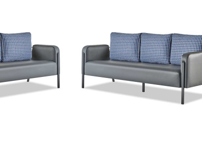 Sofa-Set Grau Blau Ledersofa 3-Sitzer Sessel Modern 1-Sitzer Leder Textil