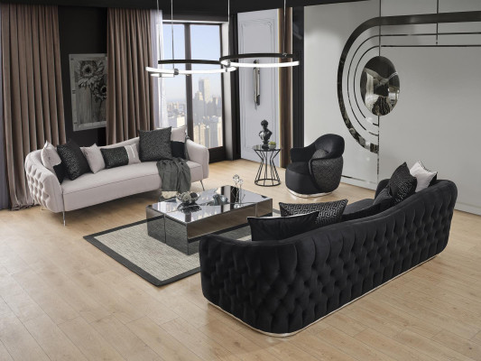 Sofagarnitur Sofa 4 Sitzer Sessel Viersitzer Stoff Schwarz Polyester