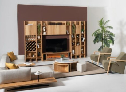 Wohnwand mit Elektro Kamin Wohnwände Ecksofa Sessel Komplett Set 5tlg