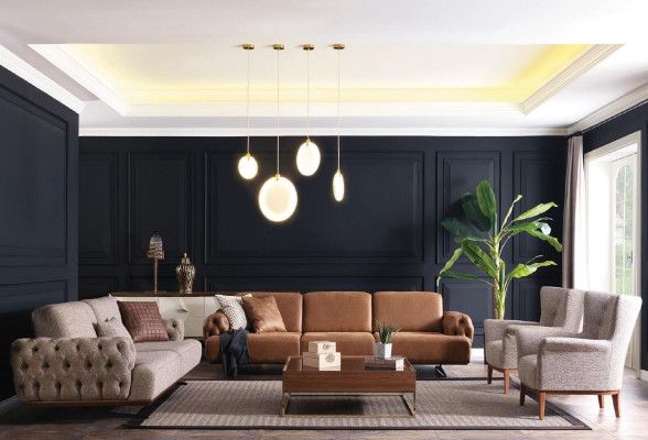 Chesterfield Sessel Couch Polster Luxus Holz mit Textil Stil Modern Lounge