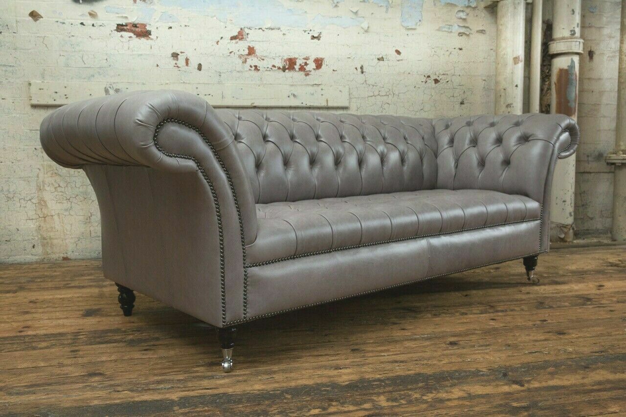Grauer Chesterfield Dreisitzer Exklusive Wohnzimmer Couch